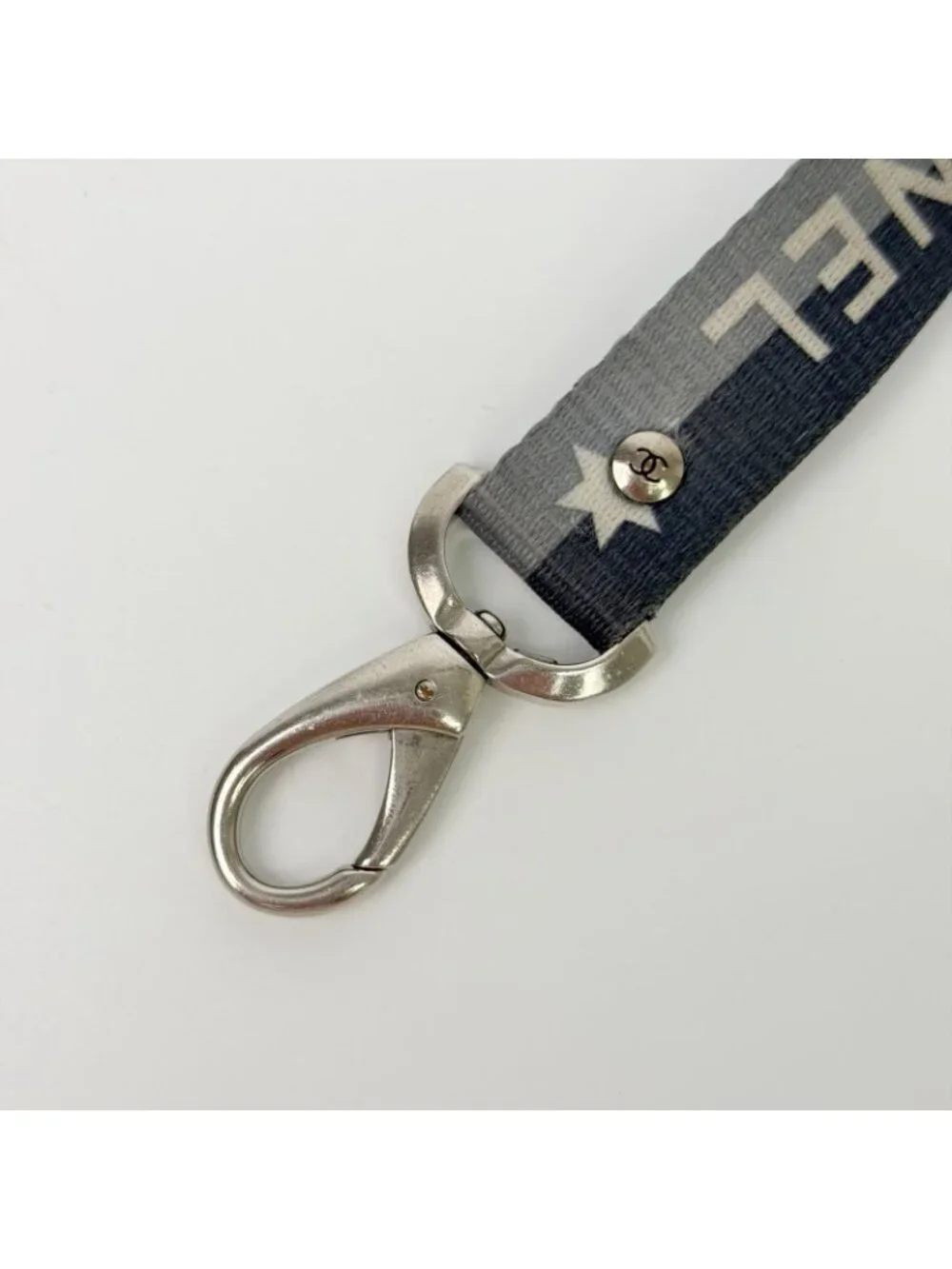 Chanel Logo Star Neck Strap Nylon Metal Black Gray White Silver Vintage